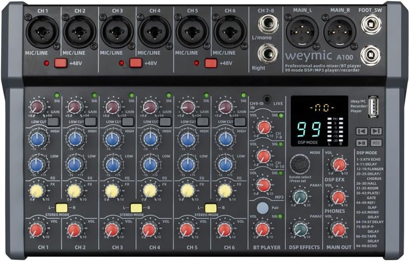 Weymic A-Series Professional Mixer for Recording DJ Stage Karaoke Music Application w/USB Drive for Computer Recording Input, XLR Microphone Jack, 48V Power, RCA Output for Professional (10-Channel) - Image 1